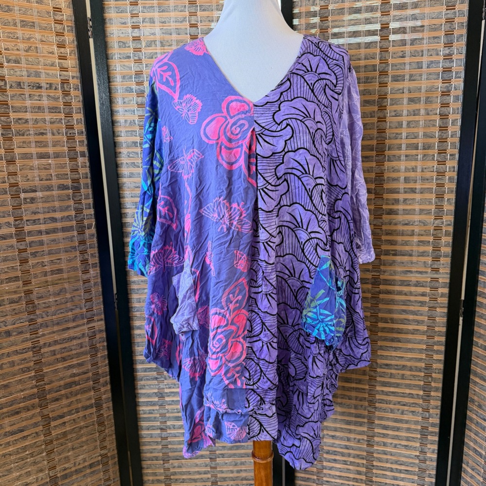 Wild Woman Tunic Top Women XXL Purple Mixed Print Patchwork Boho 90s Y2K Pockets